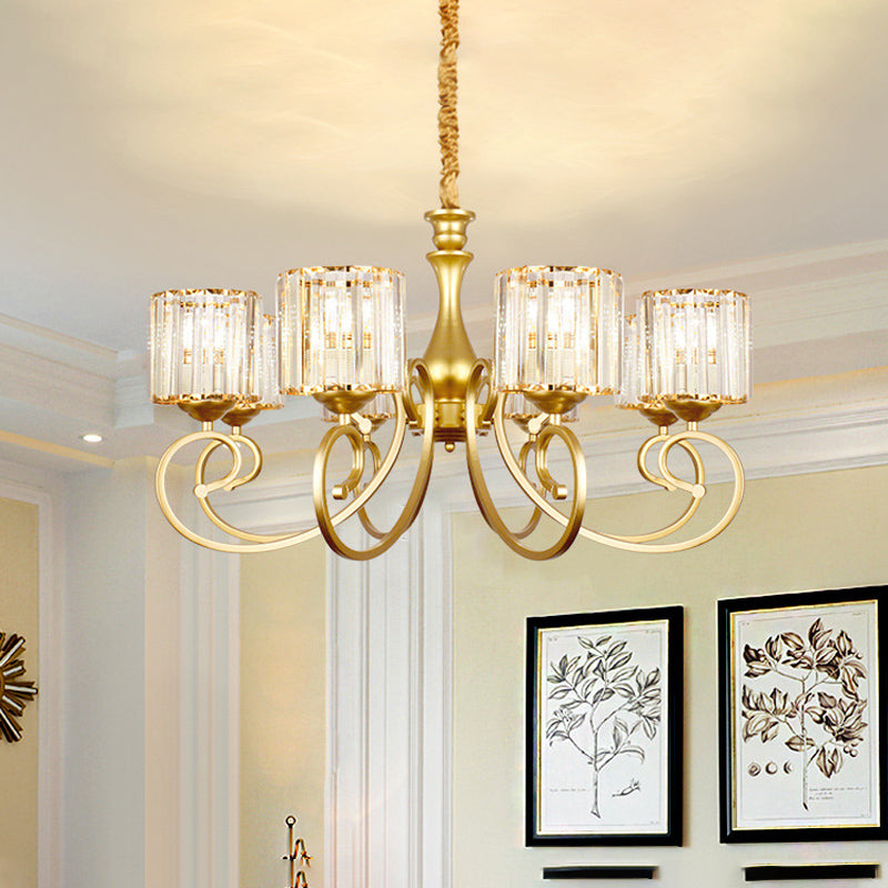 Vintage cilindrische kroonluchter verlichting 8-head Clear Crystal Block Suspension Light in goud