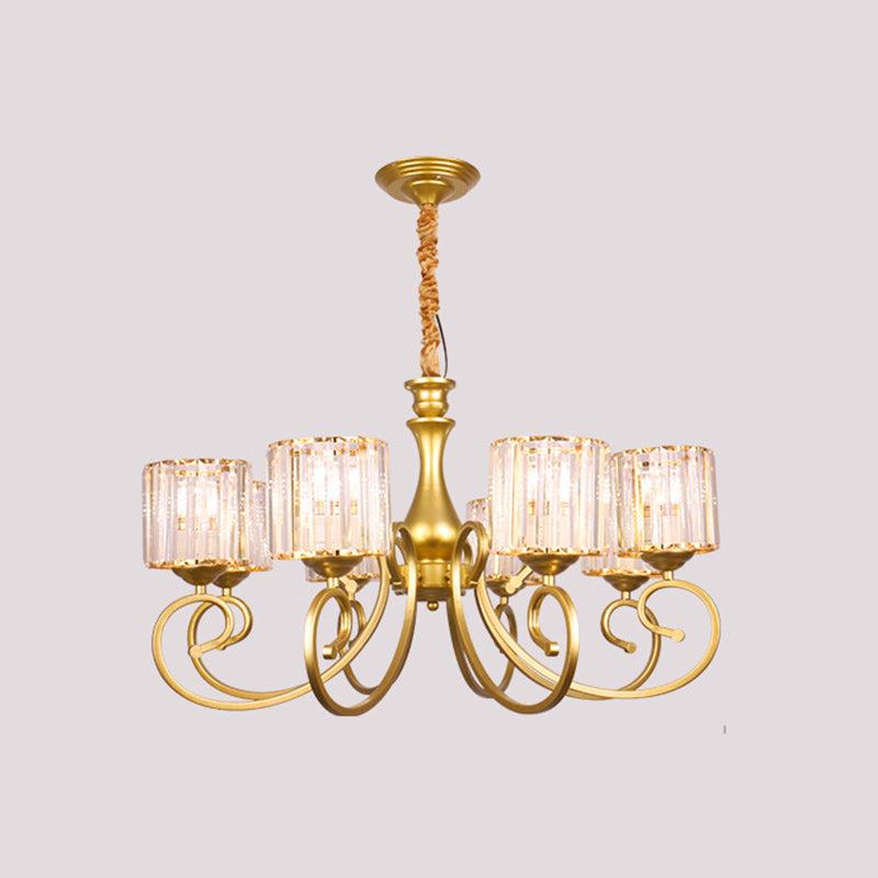 Vintage Cylindrical Chandelier Lighting 8-Head Clear Crystal Block Suspension Light in Gold