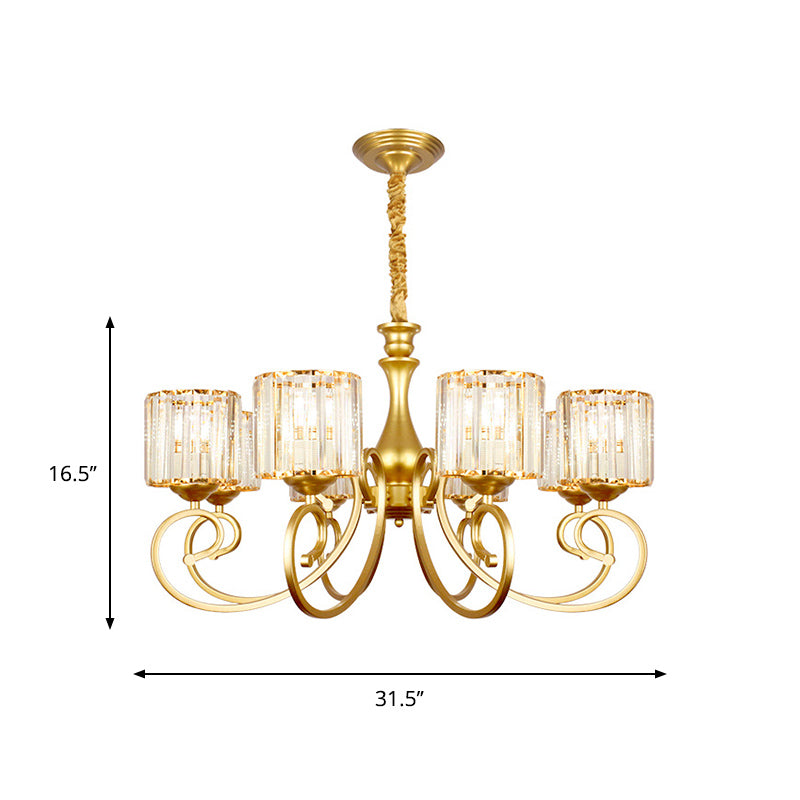 Vintage Cylindrical Chandelier Lighting 8-Head Clear Crystal Block Suspension Light in Gold