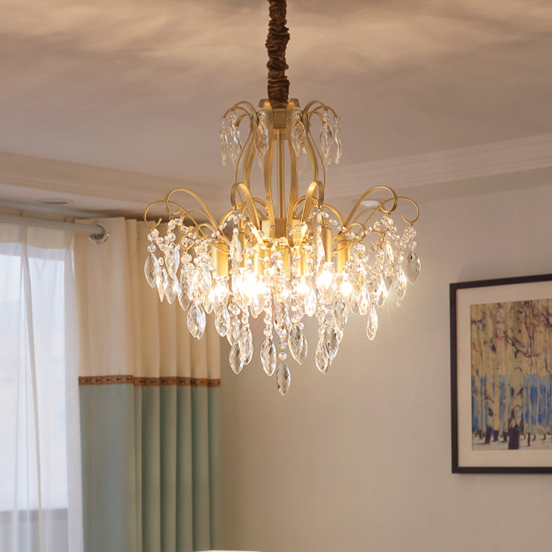 Gefacetteerde kristallen waterval hanger traditionalisme 7-bulb woonkamer hangende kroonluchter in goud