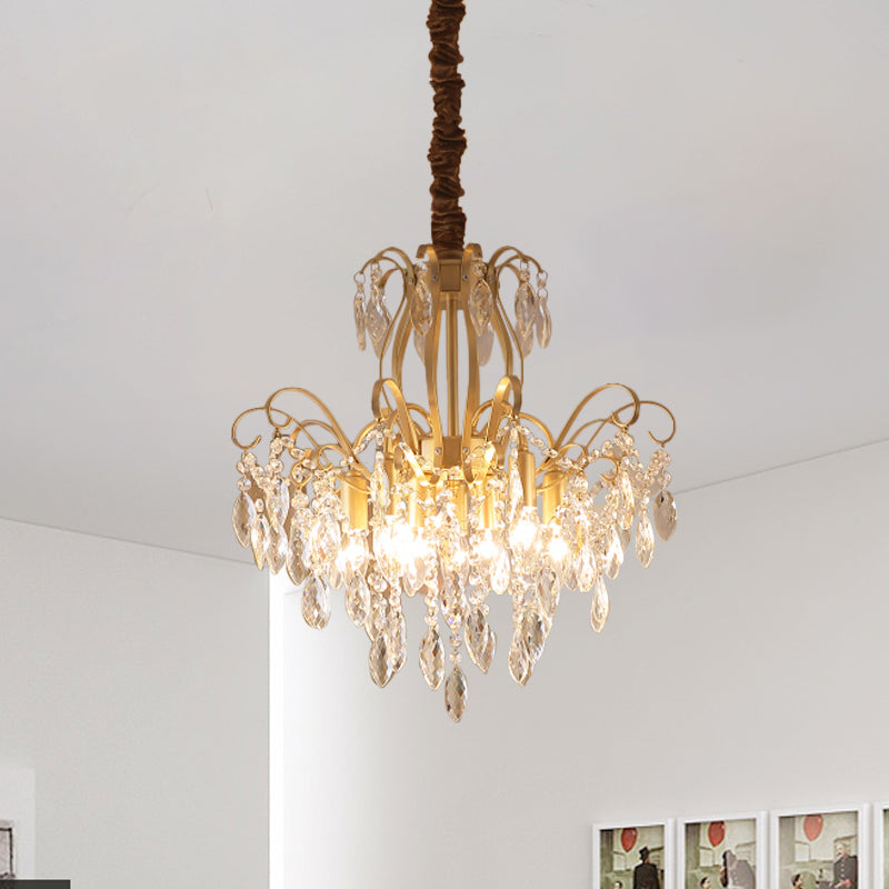 Faceted Crystal Waterfall Pendant Traditionalism 7-Bulb Living Room Hanging Chandelier in Gold