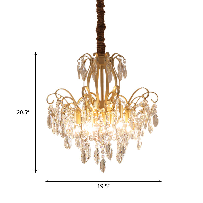 Faceted Crystal Waterfall Pendant Traditionalism 7-Bulb Living Room Hanging Chandelier in Gold