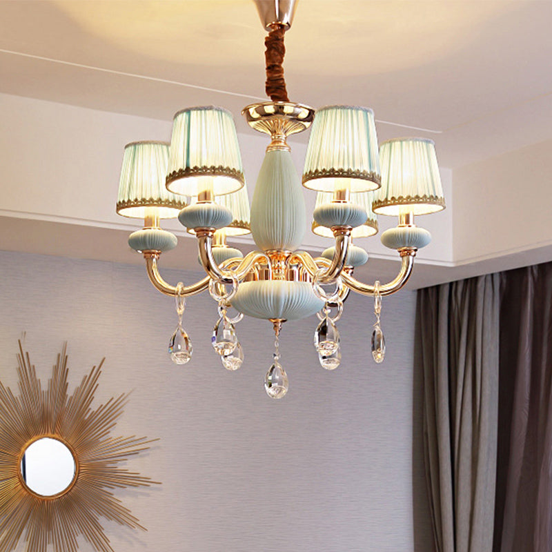 Blauw vat plafondlicht traditionalistische stof 6-bulb slaapkamer hangende kroonluchter met kristallen decor