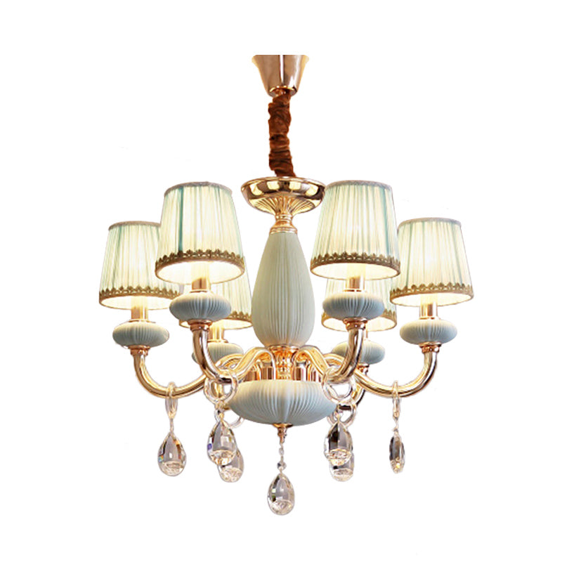 Blue Barrel Ceiling Light Traditionalist Fabric 6-Bulb Bedroom Hanging Chandelier with Crystal Decor