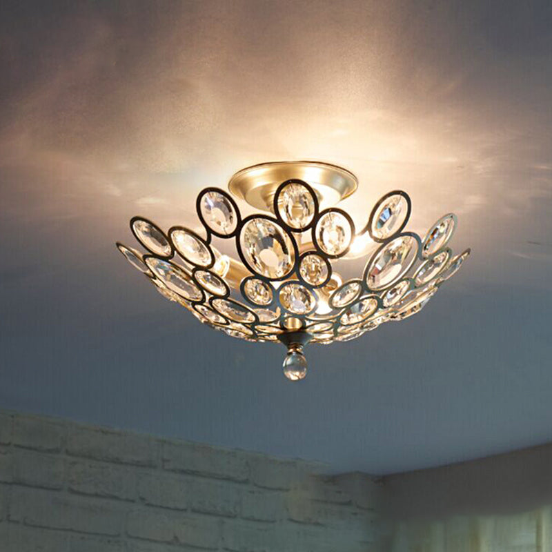 Silver Dome Ceiling Flush Mount Modernism Hand-Cut Crystal 3 Heads Corridor Semi Flush Light Fixture