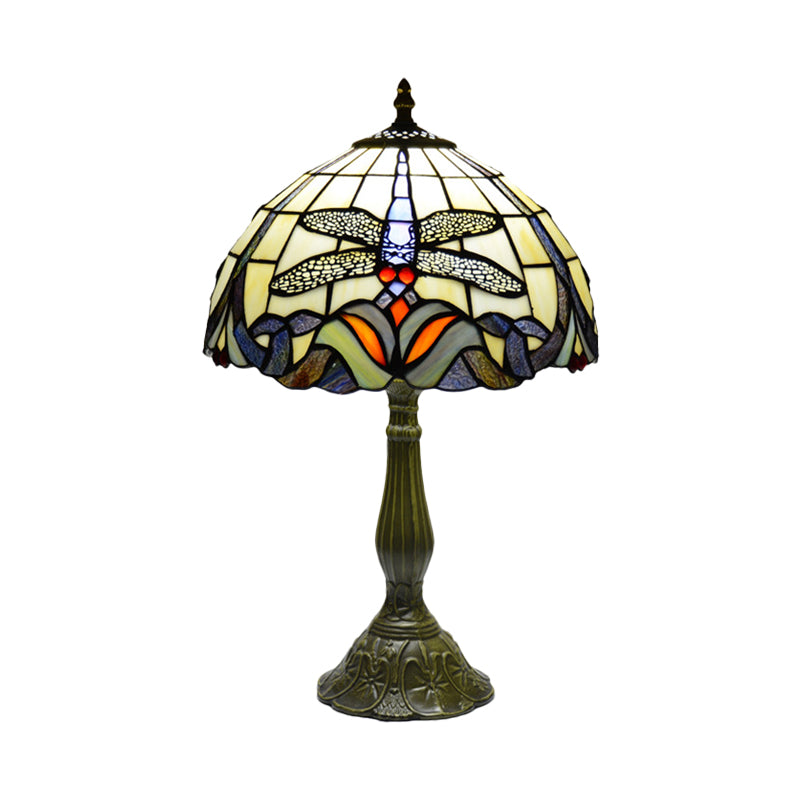 Dragonfly di luce notturno in bronzo in vetro a mano sul fiore 1 lampada da tavolo tiffany per letto