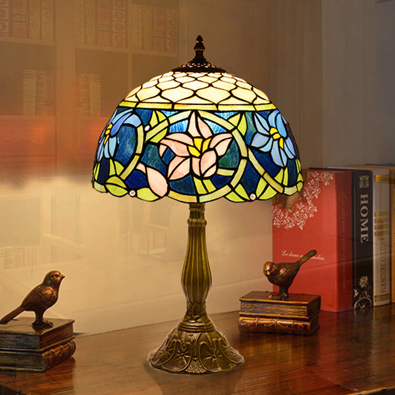 Jonquilles Lumières de nuit en verre bleu Méditerranéen à 1 feu d'éclairage de table en bronze avec élément de rosser de poisson