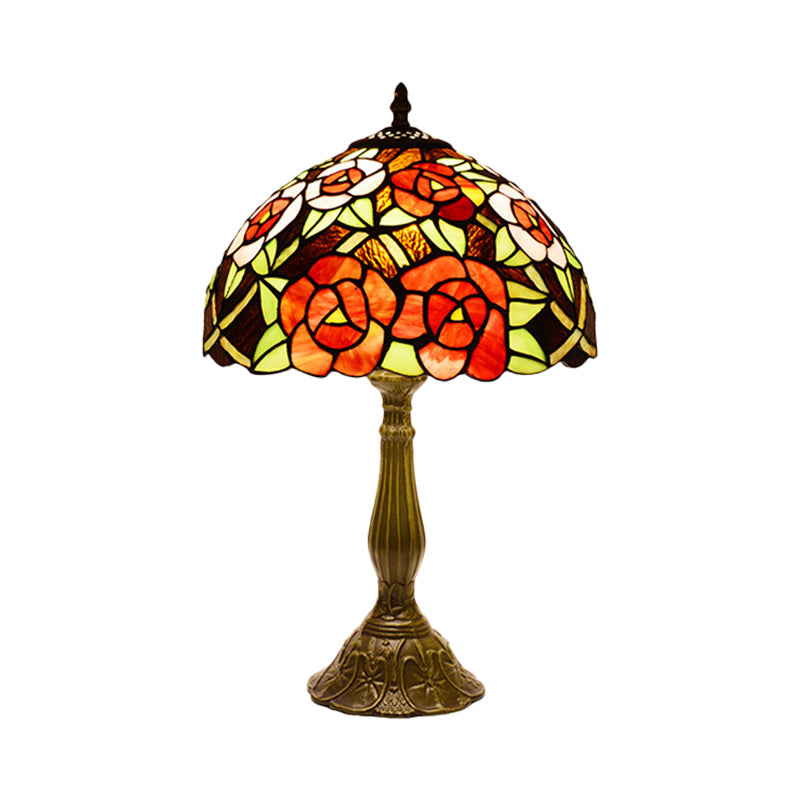 Lampada da tavolo floreale in stile vittoriano Lampada da comodino in vetro colorato rosso/arancione a 1 testa per camera da letto