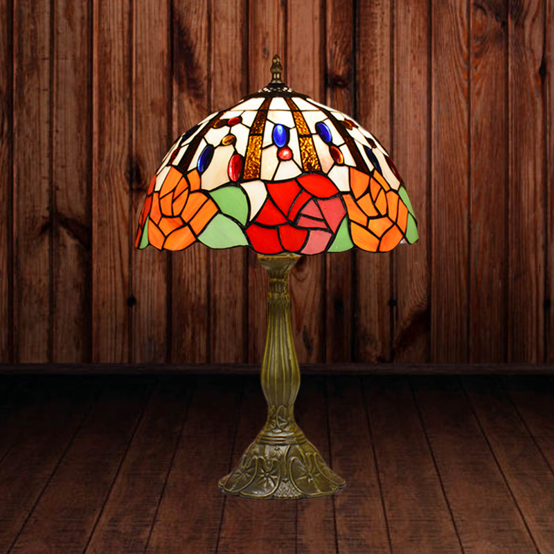 Lampada da tavolo floreale in stile vittoriano Lampada da comodino in vetro colorato rosso/arancione a 1 testa per camera da letto