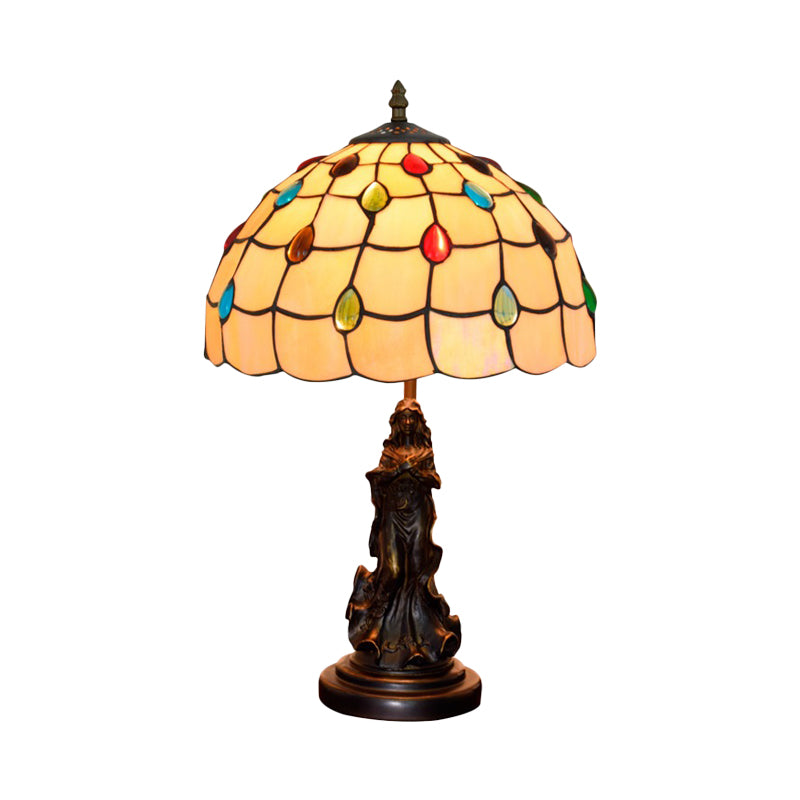 Cabochons-Embellished Grid Night Light 1-Light White/Beige Glass Tiffany Tischlampe mit Engel Dekor