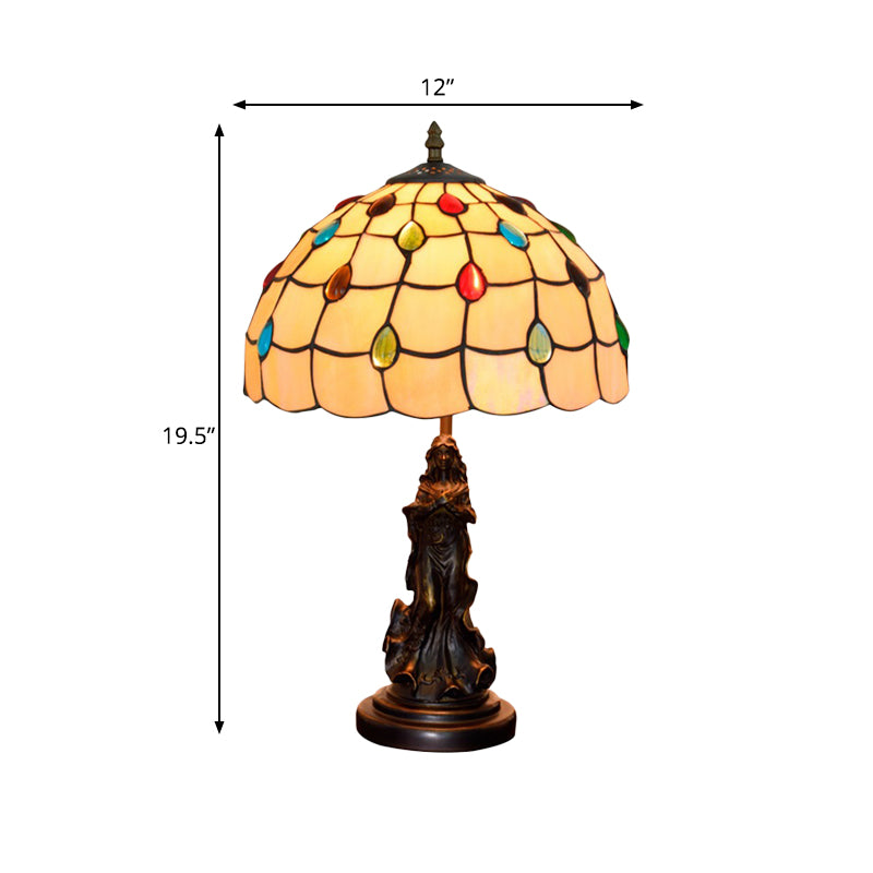 Cabochons-Embellished Grid Night Light 1-Light White/Beige Glass Tiffany Tischlampe mit Engel Dekor