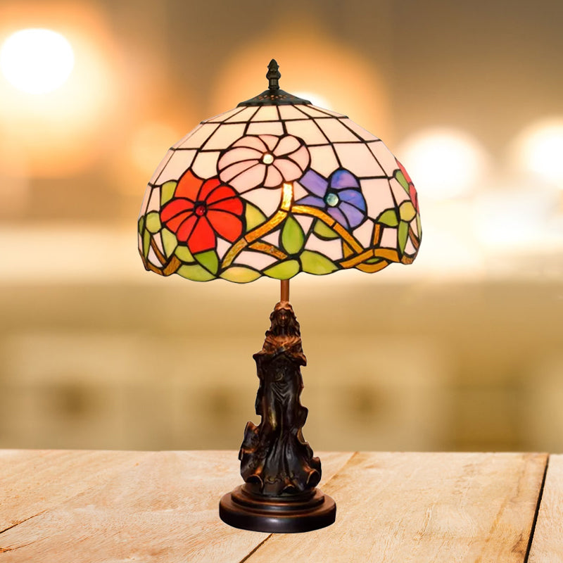 Lampada da comodino Beauty in bronzo Tiffany Lampada da tavolo in resina a 1 lampadina con paralume in vetro floreale rosa/viola