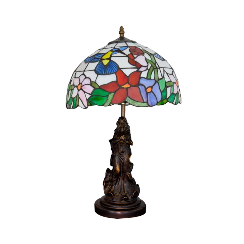 Magpie/flor de cúpula estampada lámpara nocturna Tiffany White/beige Vidrete 1 cabezal de mesa de bronce Luz con pedestal de ángel