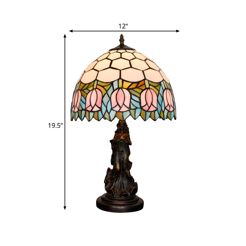 1 Table ombre en nid d'abeille Light Tiffany Tiffany Bronze Tachage de cheminée en vitrail avec bord rose et base ange