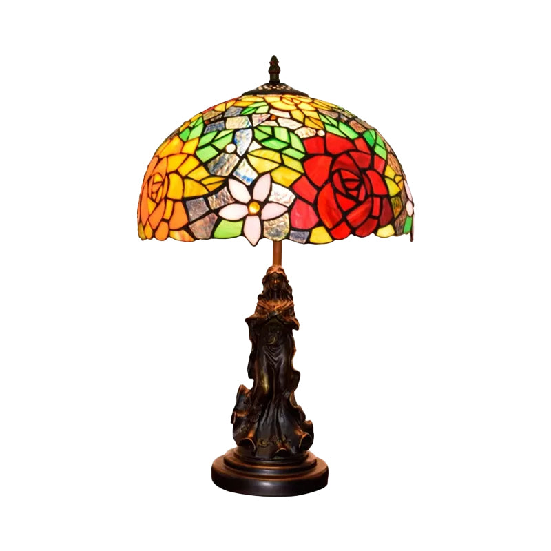 Tache d'art en verre rouge / orange lumière fleurir à fleurs simples de table de style tiffany avec statue ange