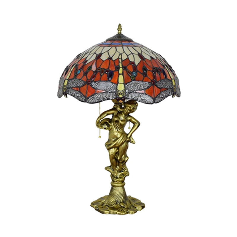 Dragonfly Cabochons Embedded Table Light 3-Light Yellow/Orange/Blue Glass Tiffany Nightstand Lamp with Pull Chain