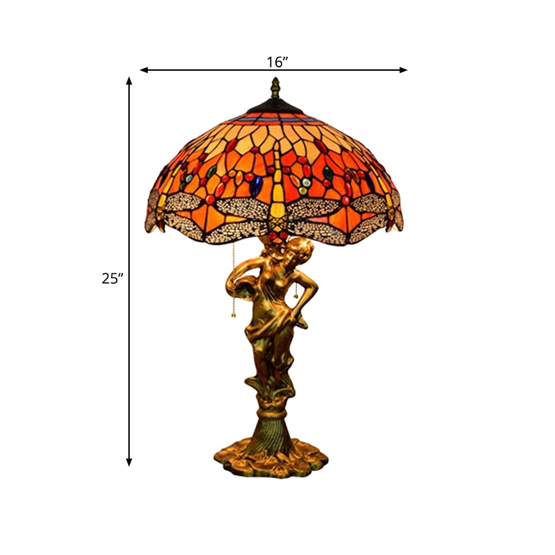 Dragonfly Cabochons Embedded Table Light 3-Light Yellow/Orange/Blue Glass Tiffany Nightstand Lamp with Pull Chain
