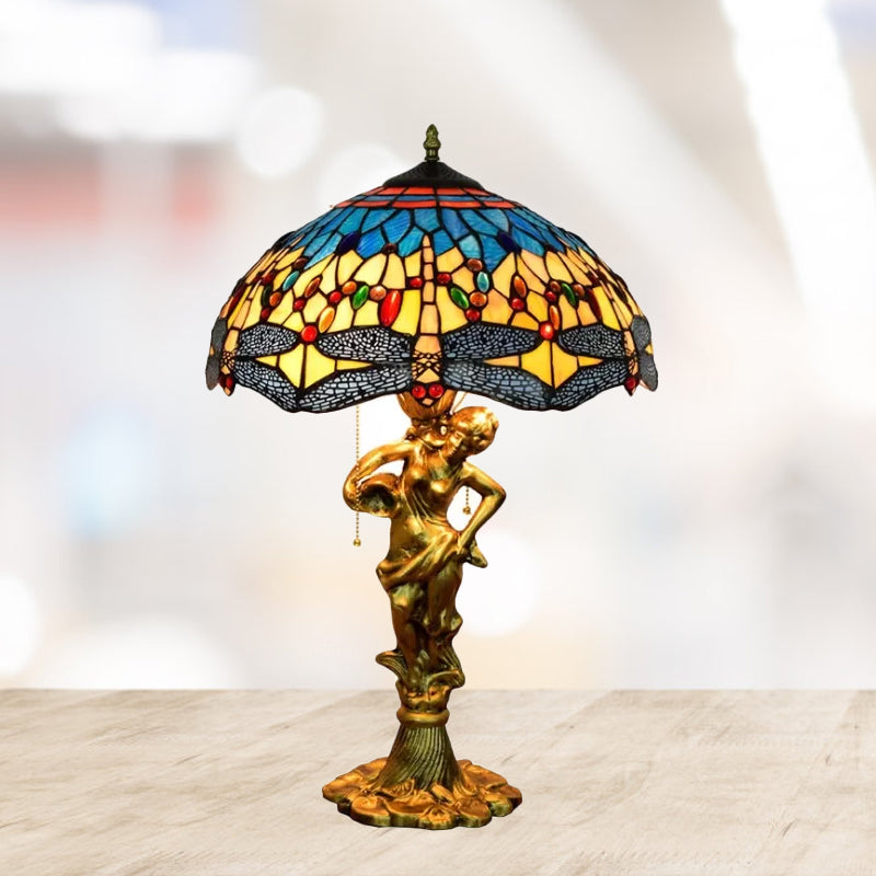 Dragonfly Cabochons Embedded Table Light 3-Light Yellow/Orange/Blue Glass Tiffany Nightstand Lamp with Pull Chain