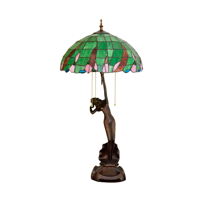 Caffè ballerino ballerino comodino leggero tiffany 3 lampadine in resina a catena a catena con tonalità in vetro verde