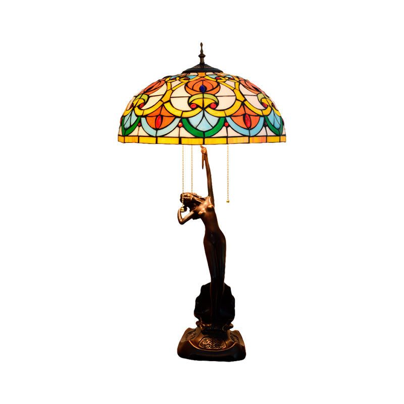 Orange/Yellow Glass Bowl Night Light Victorian Style 3 Bulbs Black Table Lighting with Pull Chain and Girl Base