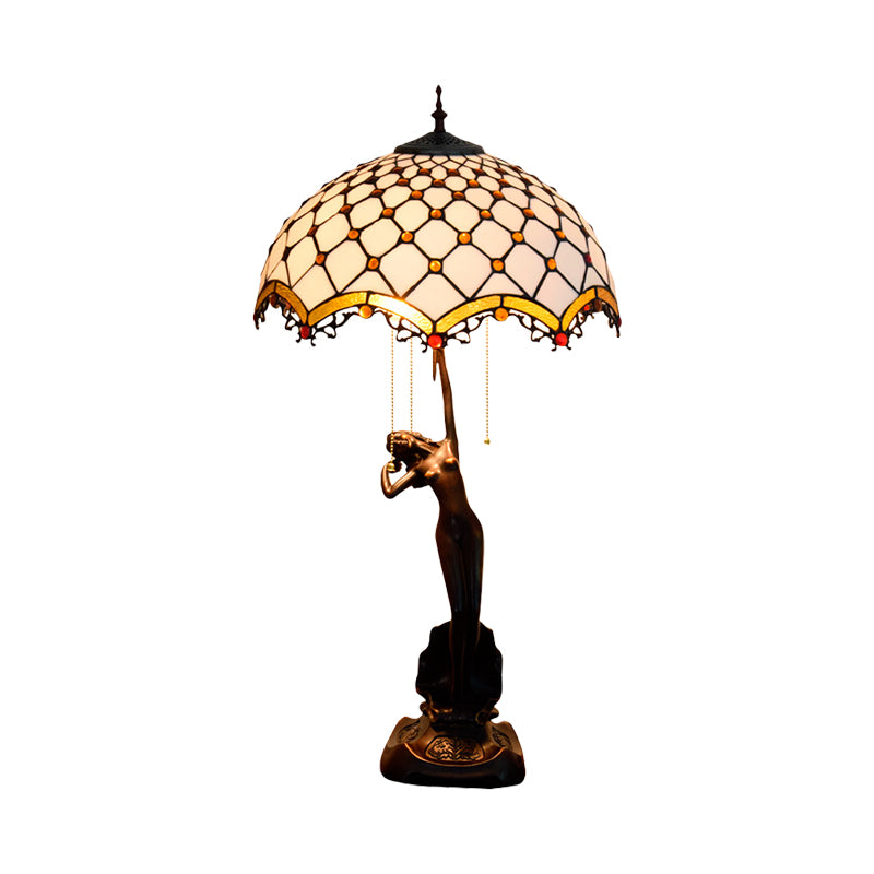 Resin Coffee Pull-Chain Night Stand Light Lady Statue 3-Light Tiffany Table Lamp with Parrot Blue-Brown/Trellis Yellow-White Glass Shade