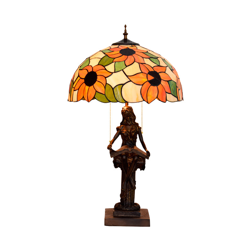 Kleines Mädchen Reading Buchstisch Lampe 2 Lichter Harz Barock Pull-Chain-Nachttischlicht mit Sonnenblumenrot/Orange Glasschatten