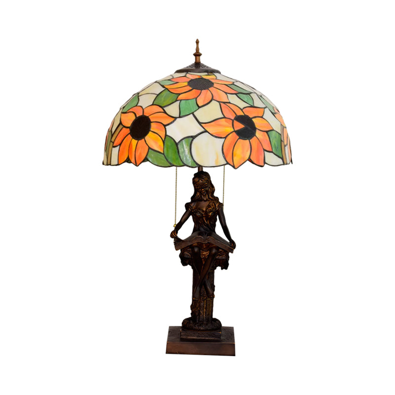 Kleines Mädchen Reading Buchstisch Lampe 2 Lichter Harz Barock Pull-Chain-Nachttischlicht mit Sonnenblumenrot/Orange Glasschatten