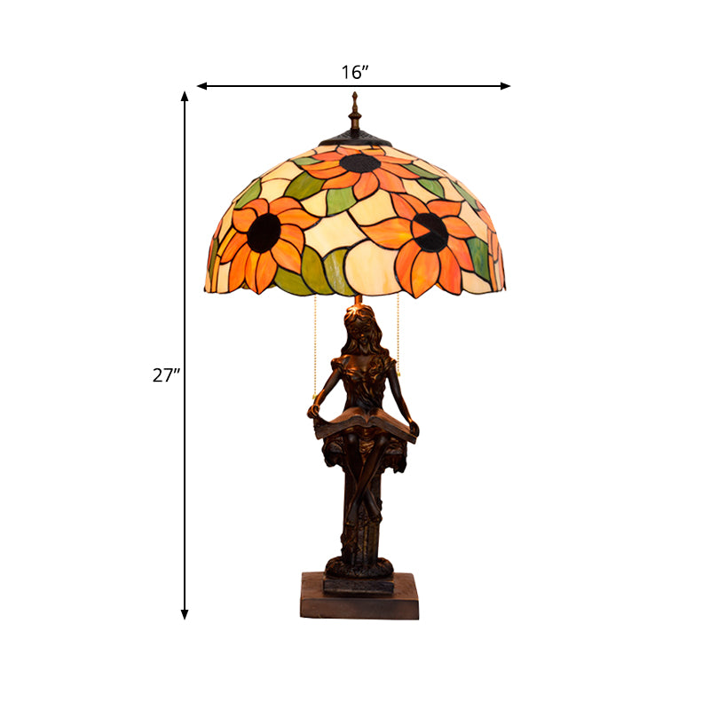 Kleines Mädchen Reading Buchstisch Lampe 2 Lichter Harz Barock Pull-Chain-Nachttischlicht mit Sonnenblumenrot/Orange Glasschatten