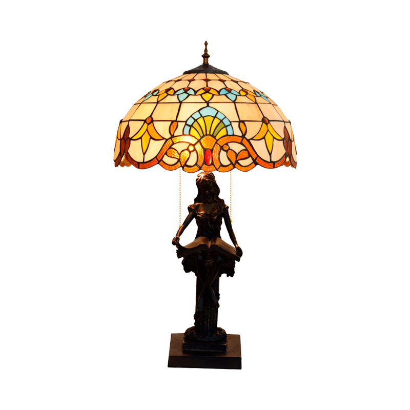 Tiffany-Style Girl Studying Table Light 2 Bulbs Resin Pull-Chain Night Lamp with Grain/Grid/Floral Beige/Blue-White/Blue-Brown Glass Shade