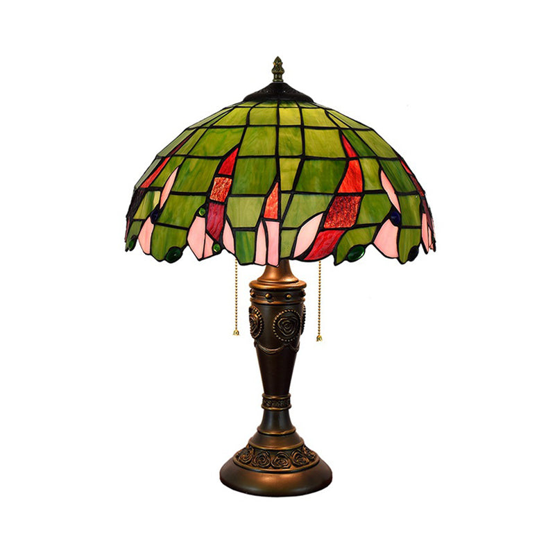 Bronze 2 têtes lampe de table Tiffany Green Verre feuille à motifs de navette de nuit avec chaîne de traction
