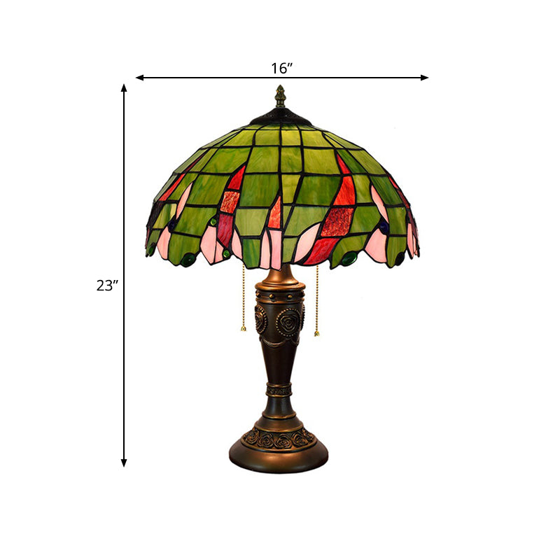 Bronze 2 têtes lampe de table Tiffany Green Verre feuille à motifs de navette de nuit avec chaîne de traction