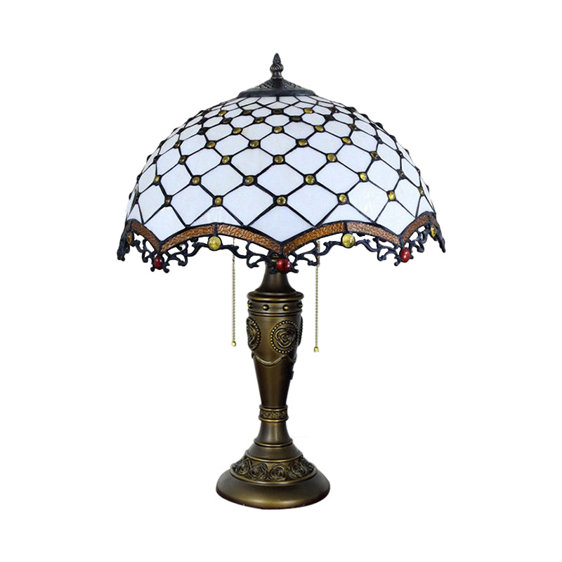 White Glass Fishscale Table Light Baroque Style 2 Lights Bronze Night Lamp with Pull Chain for Sitting Room