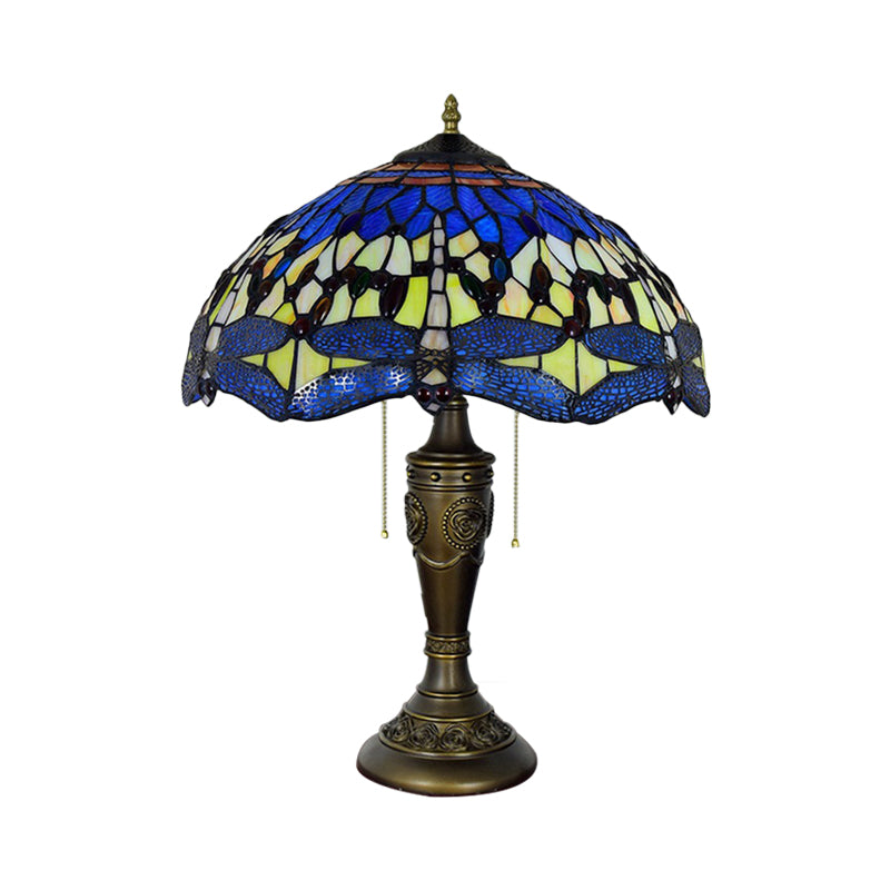 Mediterranean Dragonflies Jeweled Table Lamp 2 Bulbs Blue-Green/Yellow-Blue Glass Nightstand Light with Pull Chain Switch