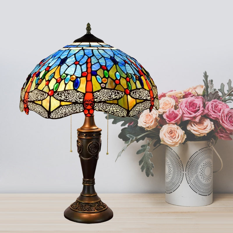 Mediterranean Dragonflies Jeweled Table Lamp 2 Bulbs Blue-Green/Yellow-Blue Glass Nightstand Light with Pull Chain Switch
