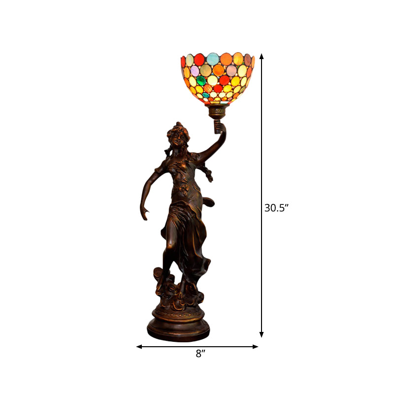 Stained Glass Coffee Night Lamp Woman Holding Torch Design 1 Head Tiffany Table Light