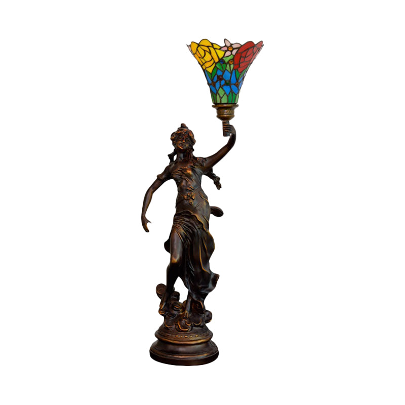 Flared Shade Stained Glass Night Light Tiffany Style 1 Head Coffee Table Lamp with Angel Base