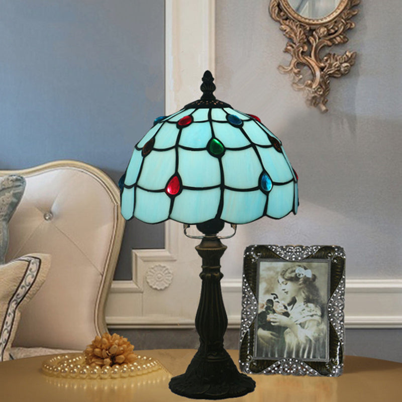 Blue Glass Lattice Bowl Table Lighting Mediterranean 1 Head Bronze Gem Patterned Desk Lighting for Bedroom