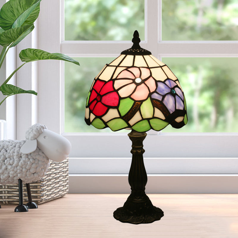 1 Light Bedside Night Table Light Tiffany Bronze Petal Patterned Nightstand Lighting with Dome Stained Glass Shade