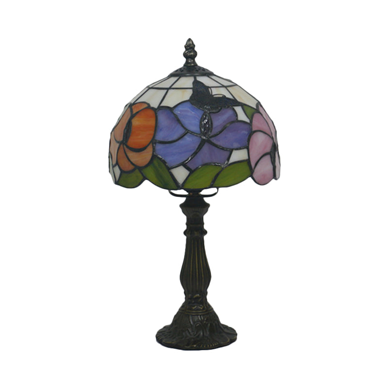 1 Bulb Bedroom Nightstand Light Mediterranean Bronze Petal Patterned Desk Lamp with Domed Hand Cut Glass Shade