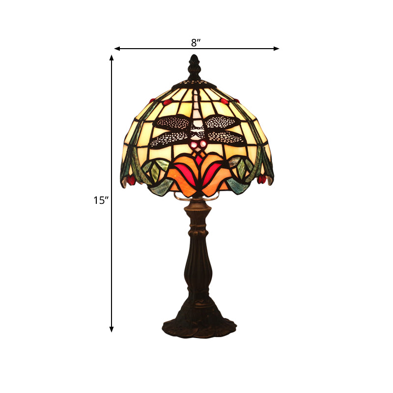 Lampada da tavolo in vetro colorato rosso/arancione con paralume a cupola, lampada da scrivania vittoriana a 1 luce con libellula e motivi floreali