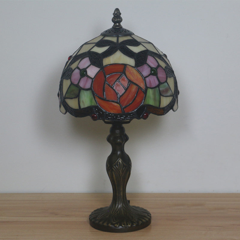 Illuminazione da scrivania con motivo vittoriano a rose, lampada da comodino in vetro tagliato a 1 testa in bronzo con paralume a cupola