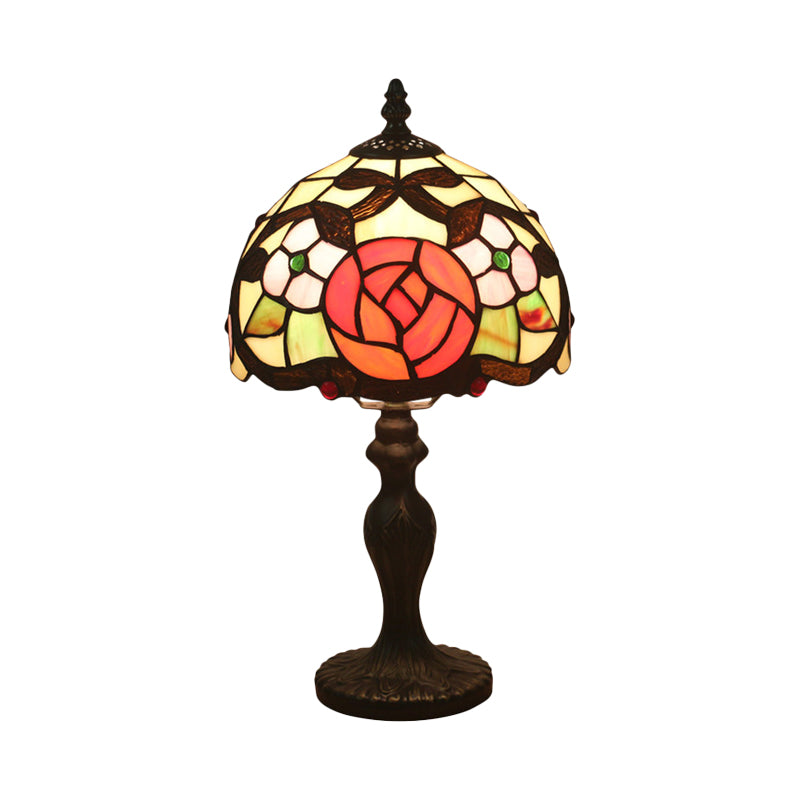 Illuminazione da scrivania con motivo vittoriano a rose, lampada da comodino in vetro tagliato a 1 testa in bronzo con paralume a cupola