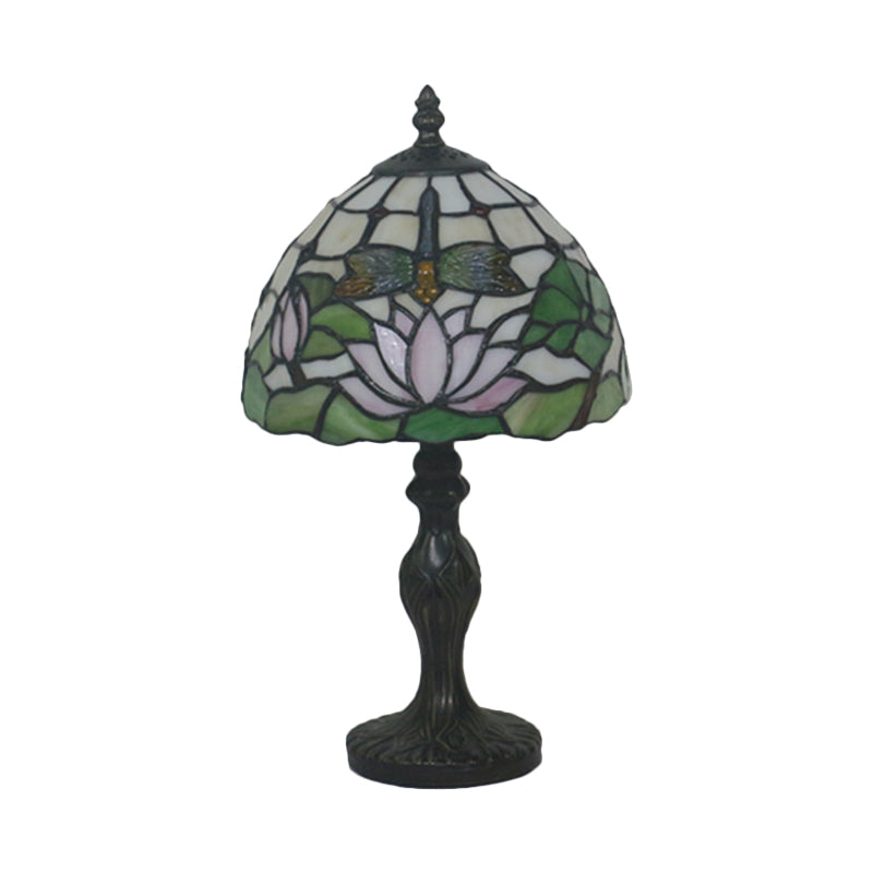 Cut Glass Rose/Lotus Night Table Lamp Baroque 1 Light Red/Pink Nightstand Lighting with Baluster for Bedroom
