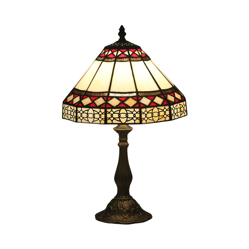1 Light Task Lighting Mission Conical Stained Art Glass Diamond Patterned Night Table Lamp in Bronze