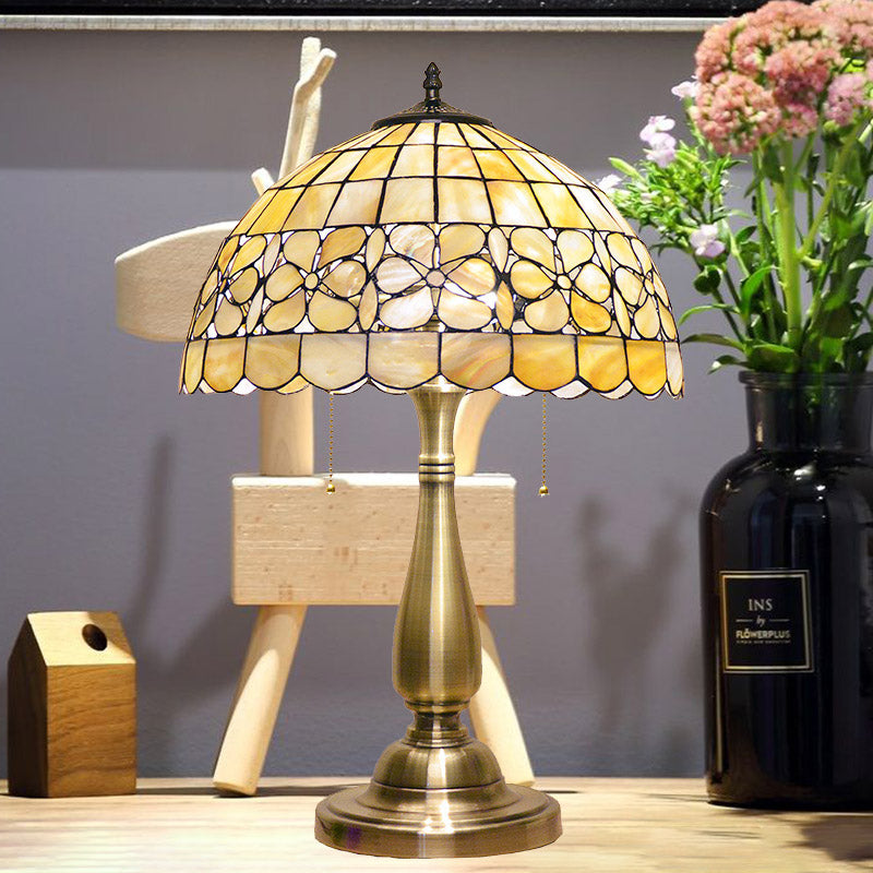 Lampada da comodino a ciotola smerlata oro Tiffany 2 luci illuminazione da guscio con interruttore a catena a trazione