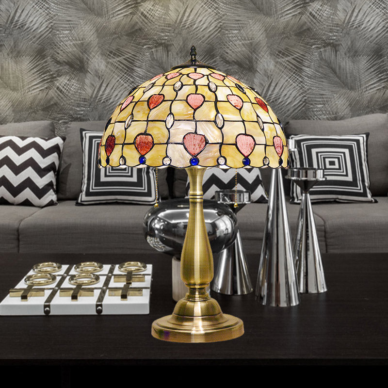 2 lichten tafellamp stippellijn Patroon Bowl Shell Night Stand Light met trekketting in geborsteld goud