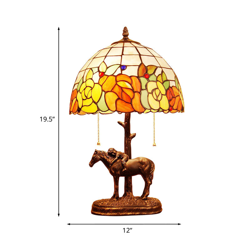 Resin Dark Brown Pull-Chain Night Lamp Kid Sleeping on Horseback 2-Bulb Tiffany Table Light with Roseborder Shell Shade