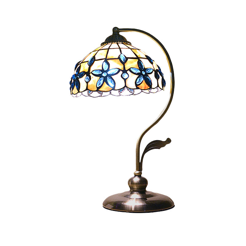 Bronze Gooseneck Table Lamp Tiffany Single-Bulb Metal Night Light with Floral Shell Lampshade
