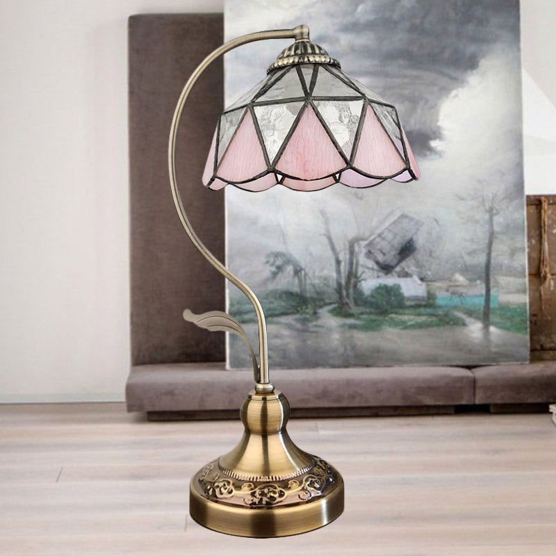 Barn Shape Table Lamp 1-Head Pink and Silver Triangle-Cut Glass Tiffany Nightstand Light in Bronze