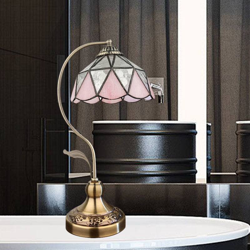 Barn Shape Table Lamp 1-Head Pink and Silver Triangle-Cut Glass Tiffany Nightstand Light in Bronze